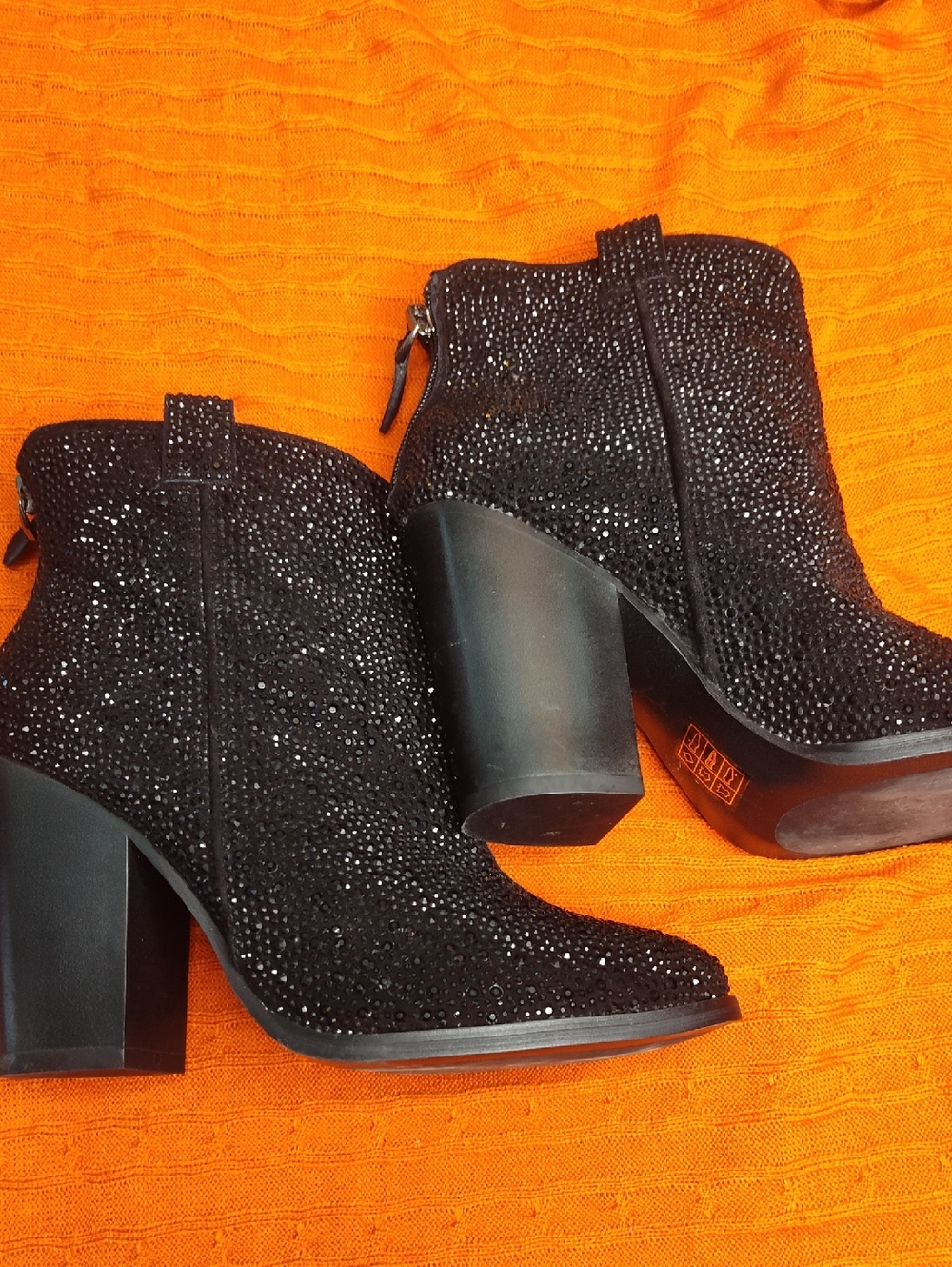 Crystal-Embellished Black Ankle Booties with Block Heel